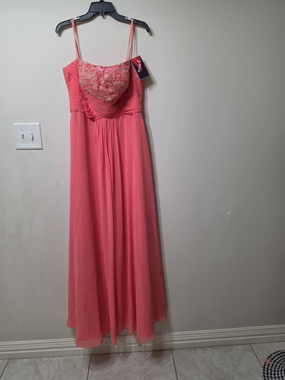 Michelle K Coral Pink Lace Bodice Chiffon Evening Dress